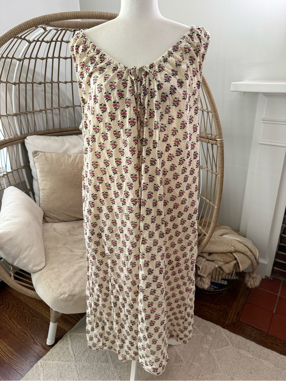 Daughters Of India 2XL Cream Pink Floral Cotton Boho Midi Dress